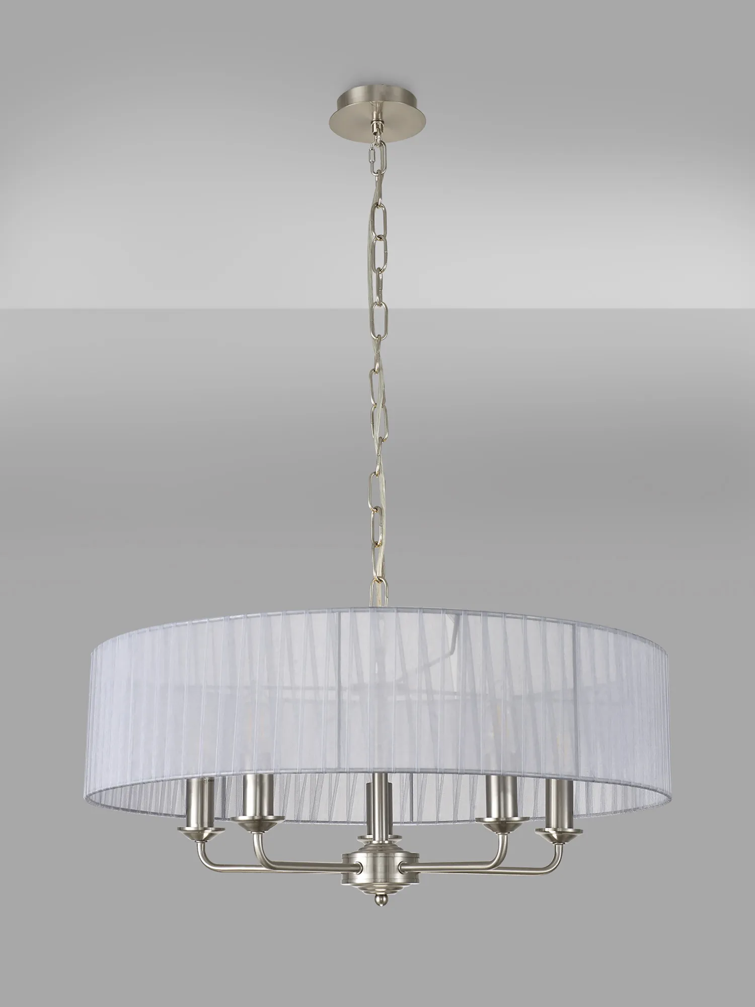 Banyan 5 Light Multi Arm Pendant With 60cm x 15cm Organza Shade Satin Nickel/Grey DK0880  Deco Banyan SN GR